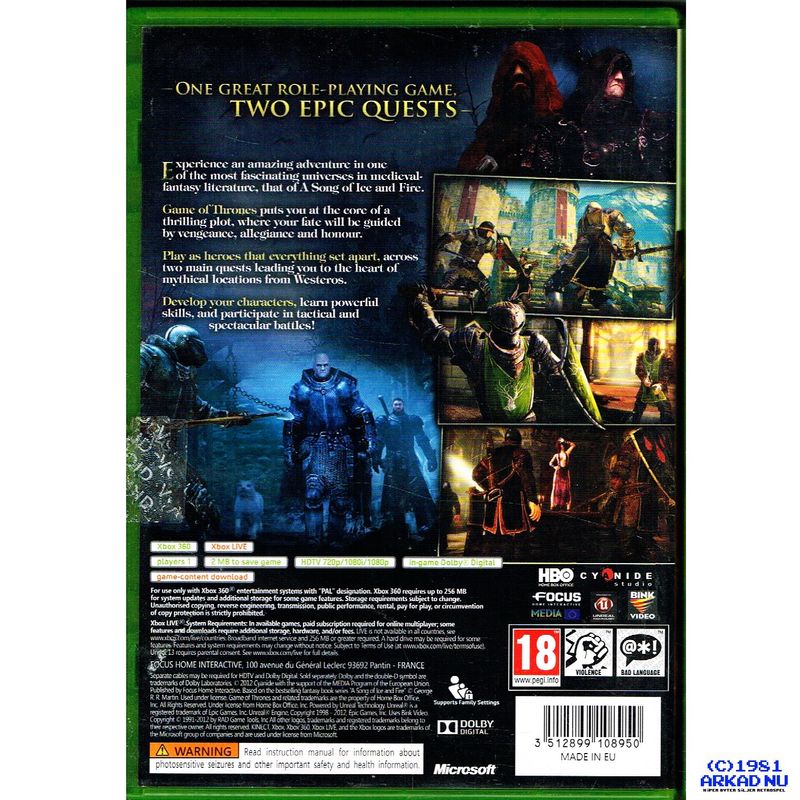 GAME OF THRONES XBOX 360