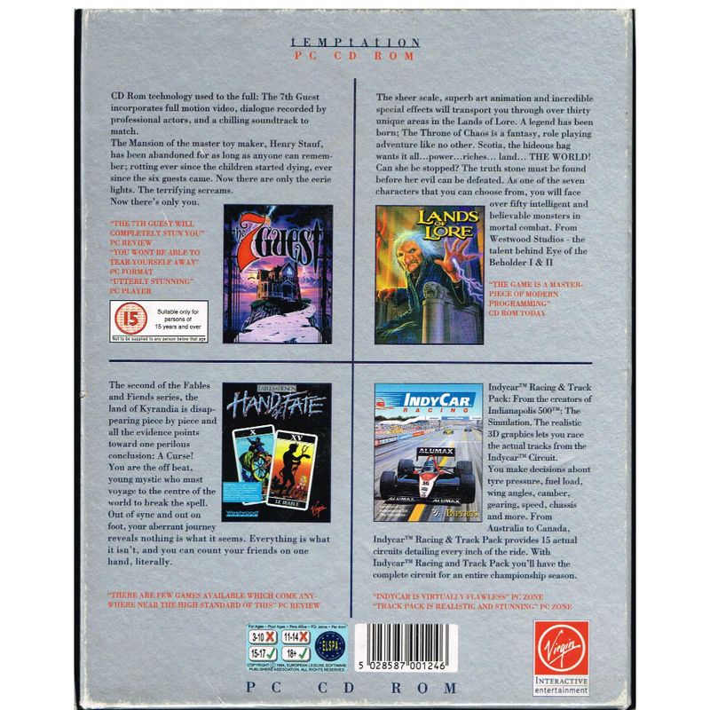 TEMPTATION (THE 7TH GUEST - HAND OF FATE - LANDS OF LORE - INDYCAR RACING) PC BIG BOX