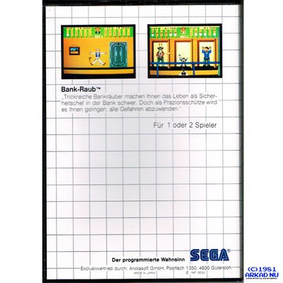 BANK PANIC SEGA CARD MASTER SYSTEM TYSK