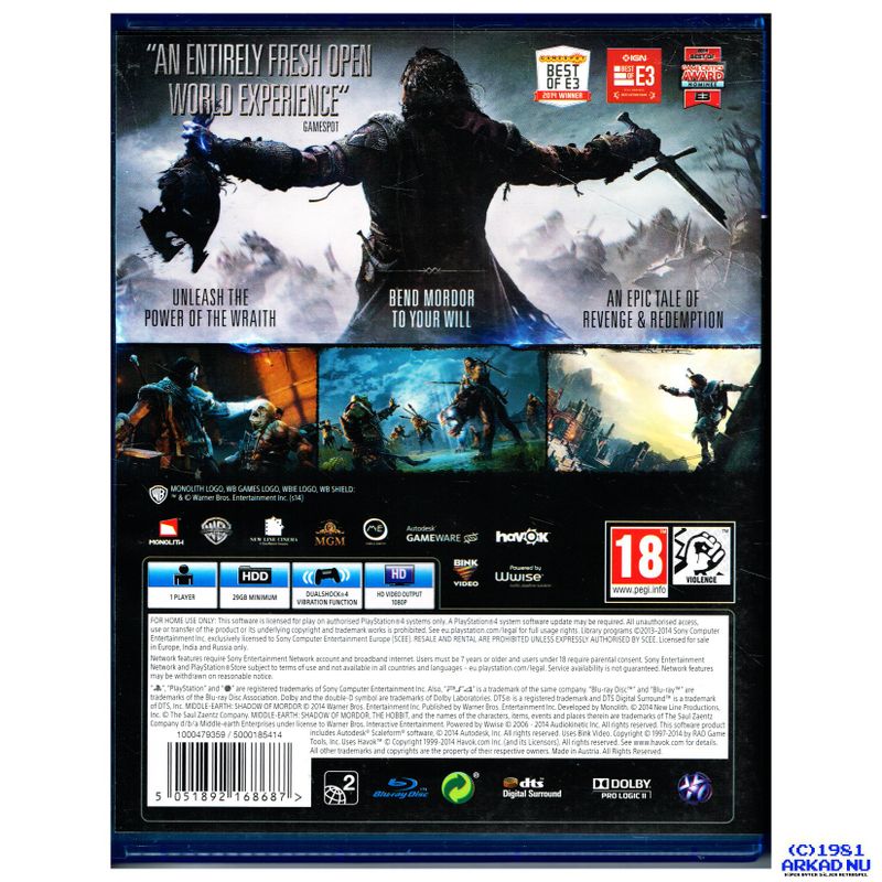 MIDDLE-EARTH SHADOW OF MORDOR PS4