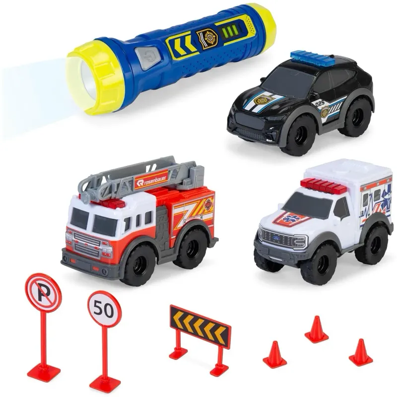 Micro SOS Playset - 3 utryckningsbilar och ficklampa - Dicke Toys