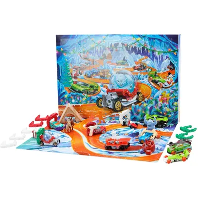 Hot Wheels Adventskalender 2026 med 10 bilar och 23 tillbehör
