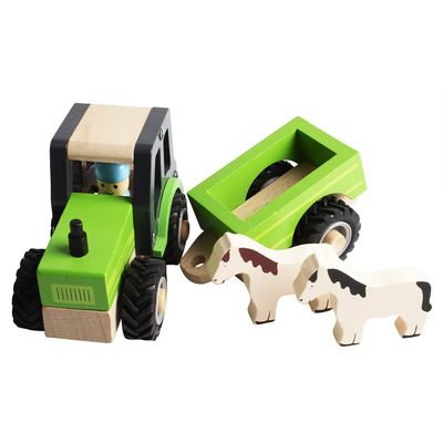 Traktor i trä med trailer och djur - Grön - Magni