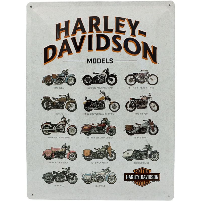 Harley-Davidson - Models - 14 cyklar - Plåtskylt - 30x40 cm
