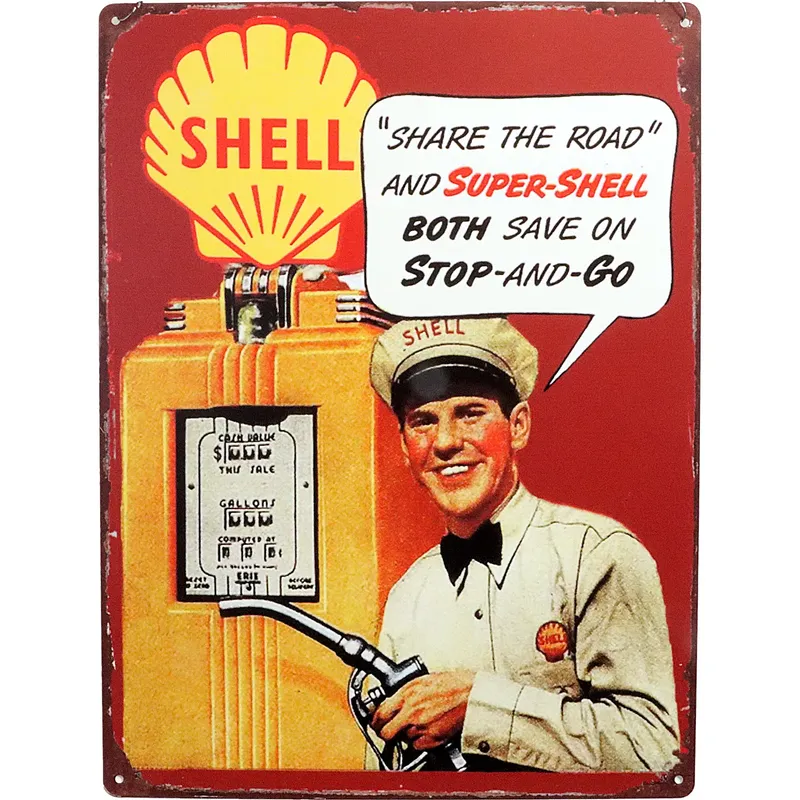Shell Plåtskylt med Pensinpump - 40 x 30 cm