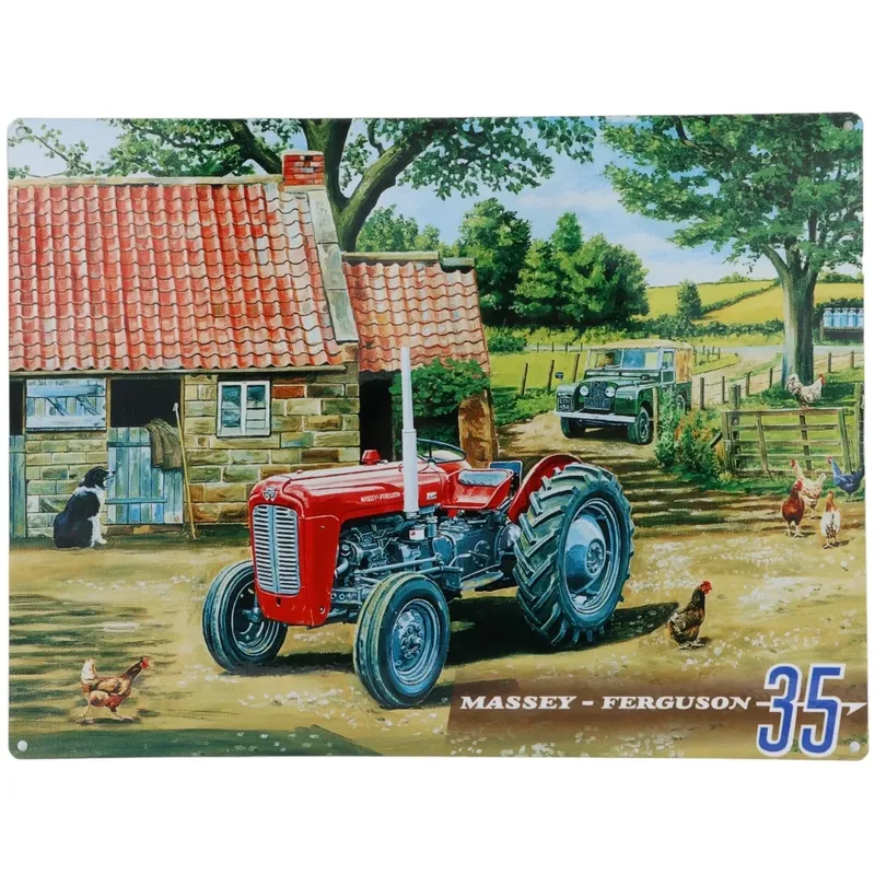 Massey-Ferguson 35 och Land Rover - Plåtskylt - 40x30 cm