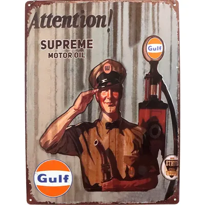 Gulf Plåtskylt med Pensinpump - 40 x 30 cm