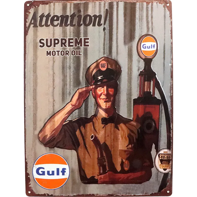 Gulf Plåtskylt med Pensinpump - 40 x 30 cm