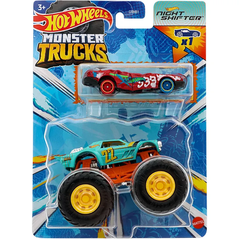 Night Shifter & Sudden Stop - Monster Truck + Demolerad Bil - Hot Wheels