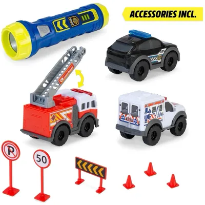 Micro SOS Playset - 3 utryckningsbilar och ficklampa - Dicke Toys
