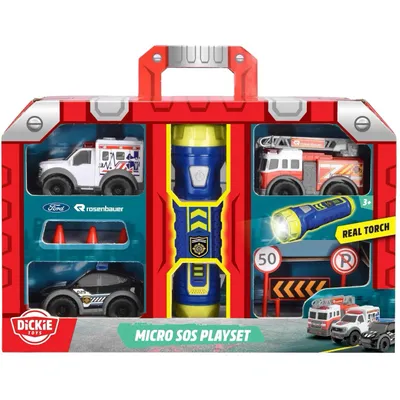 Micro SOS Playset - 3 utryckningsbilar och ficklampa - Dicke Toys