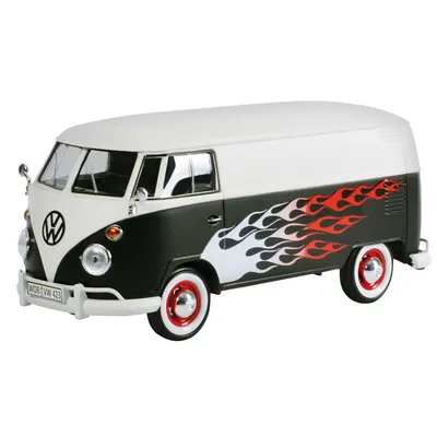 SKADAD FÖRPACKNING - Volkswagen T1 - Svart / Vit med flames - Motormax - 1:24