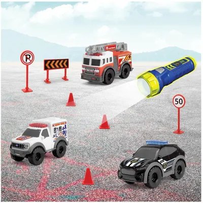 Micro SOS Playset - 3 utryckningsbilar och ficklampa - Dicke Toys