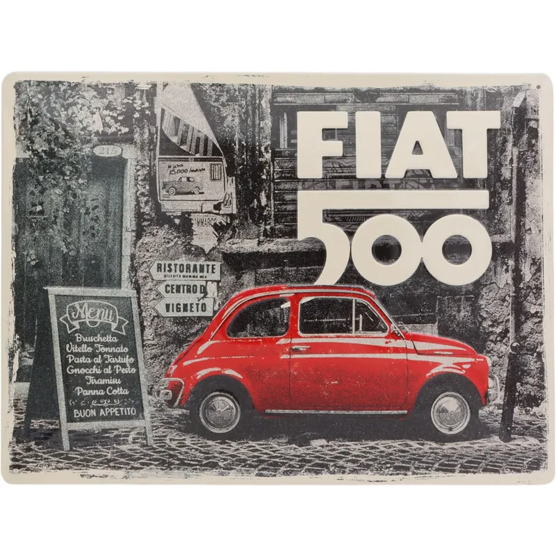 Fiat 500 - Röd - Plåtskylt - 40x30 cm