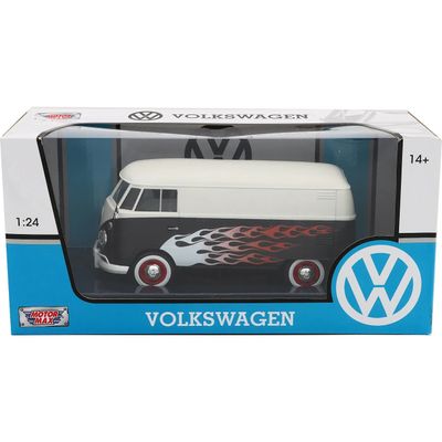 SKADAD FÖRPACKNING - Volkswagen T1 - Svart / Vit med flames - Motormax - 1:24