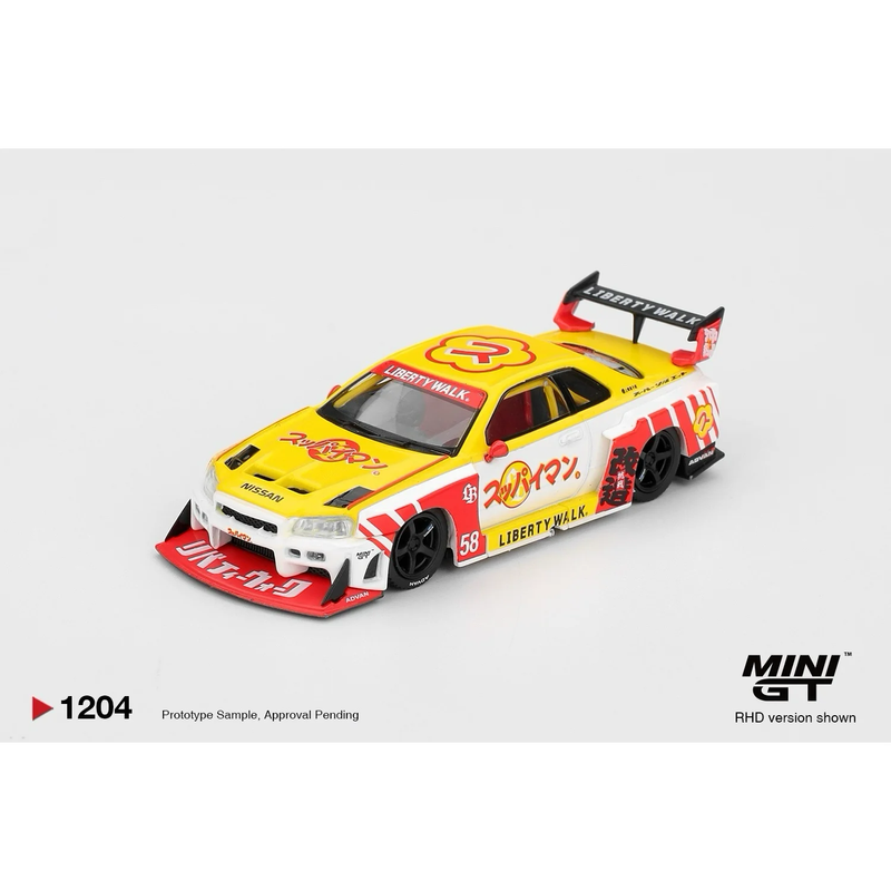 Nissan LB-ER34 Super Silhouette Skyline Suppaiman Okinawa - Gul / Röd - 1204 - Mini GT - 1:64