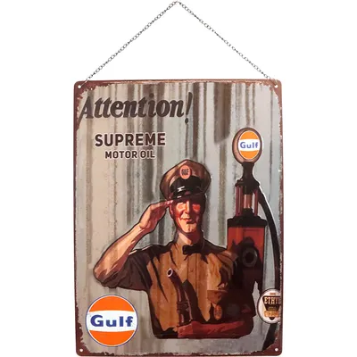 Gulf Plåtskylt med Pensinpump - 40 x 30 cm