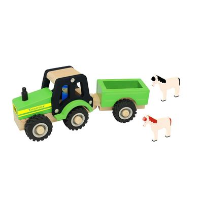 Traktor i trä med trailer och djur - Grön - Magni