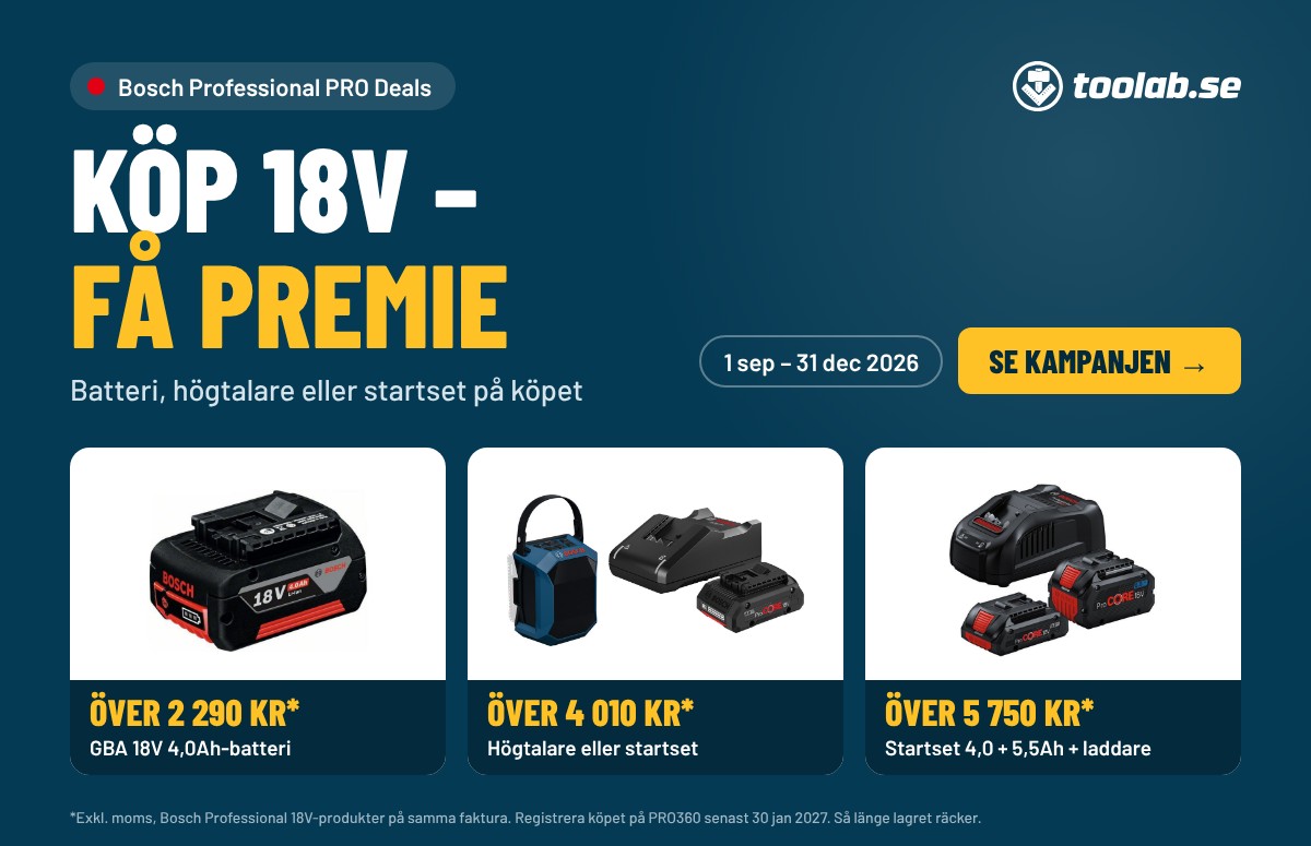 Bosch Professional PRO Deals hos Toolab: köp 18V och få premie. Över 2 290 kr exkl. moms ger GBA 18V 4,0Ah-batteri, över 4 010 kr högtalare eller startset, över 5 750 kr startset med 4,0 och 5,5Ah och laddare. Gäller 1 sep – 31 dec 2026.
