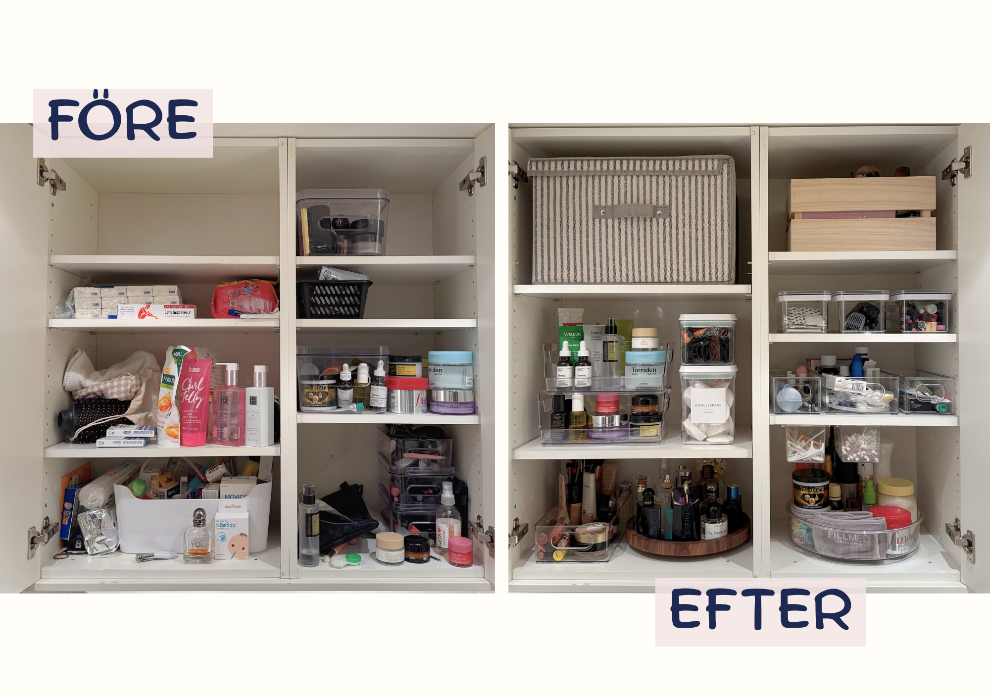 En före- och efterbild av ett badrumsskåp som går från rörigt till välorganiserat med hjälp av lådor, hyllinsatser och en snurrbricka.