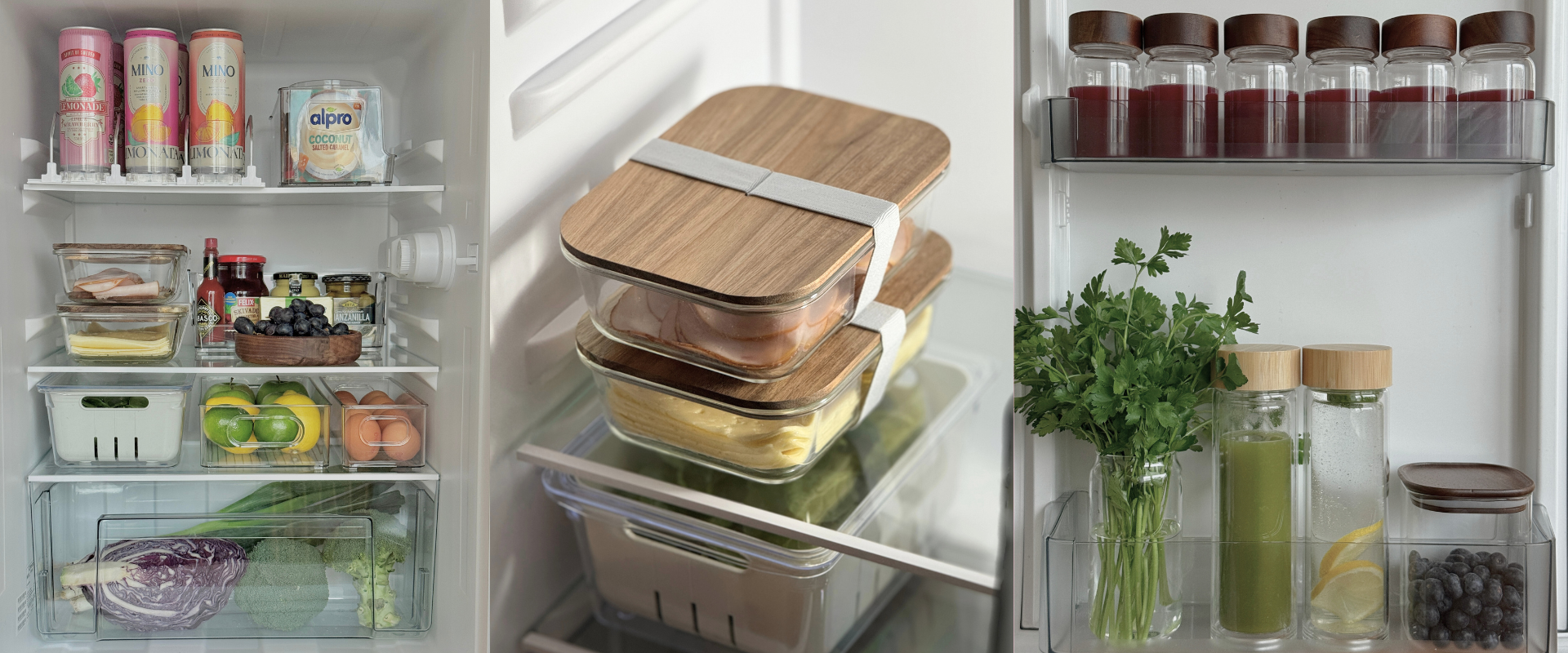 Ett välorganiserat kylskåp med genomskinliga behållare och en textruta som lyder "Sortera kylskåpet för längre hållbarhet".