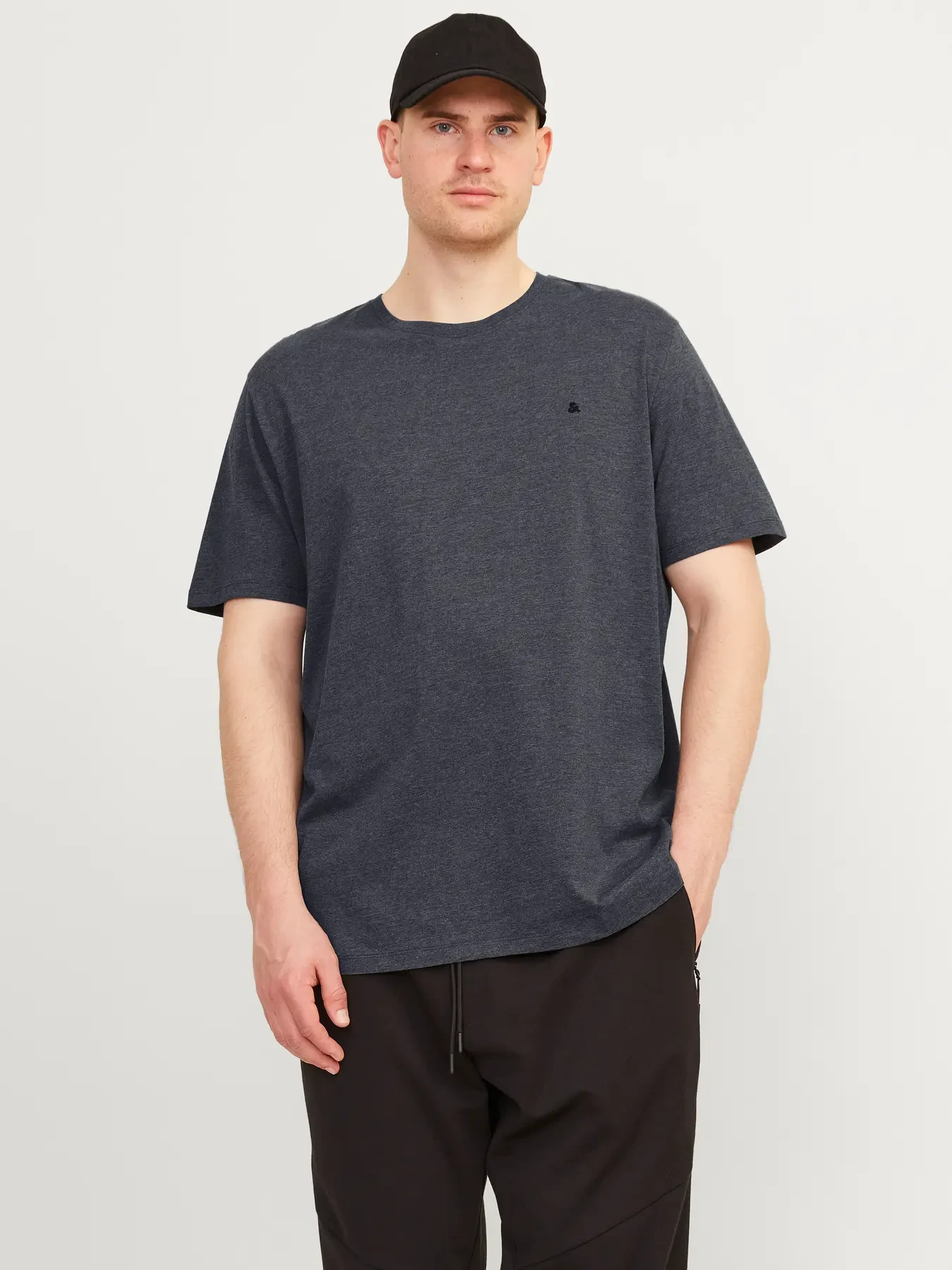 Mörkgrå melerad plus size T-shirt herr med broderi – Jack & Jones (2XL Dark Grey Melange)