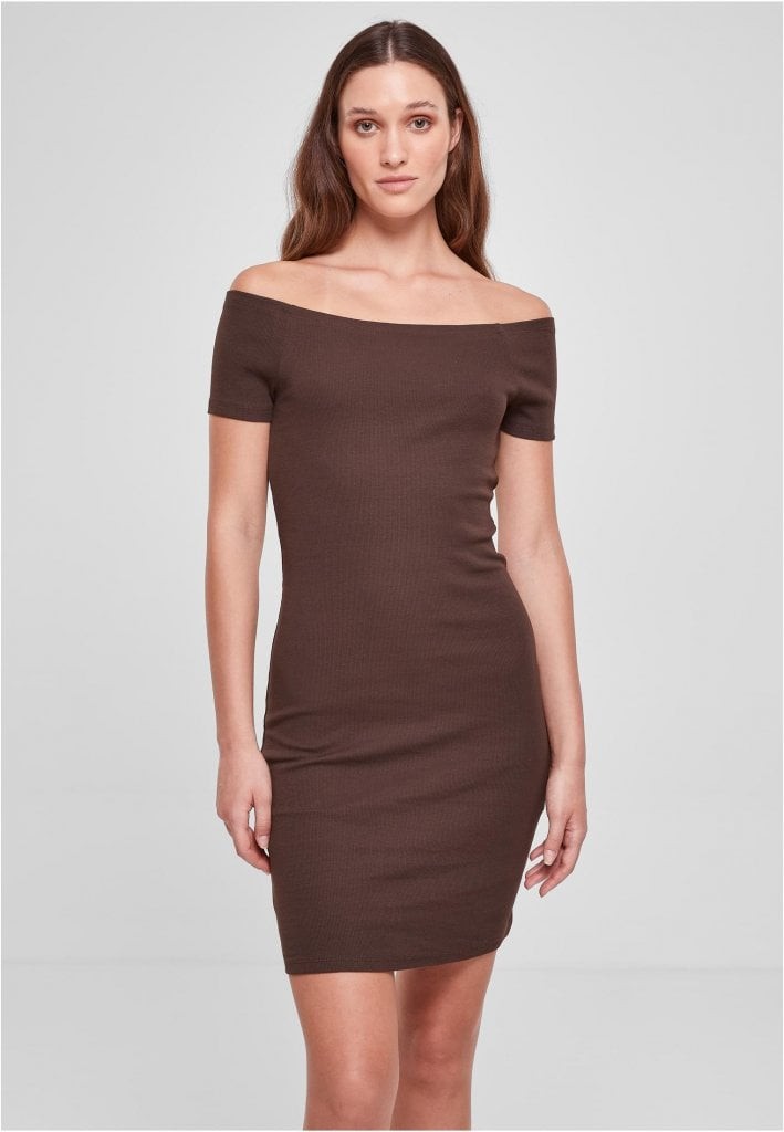Ladies Off Shoulder Rib Dress (L brown)