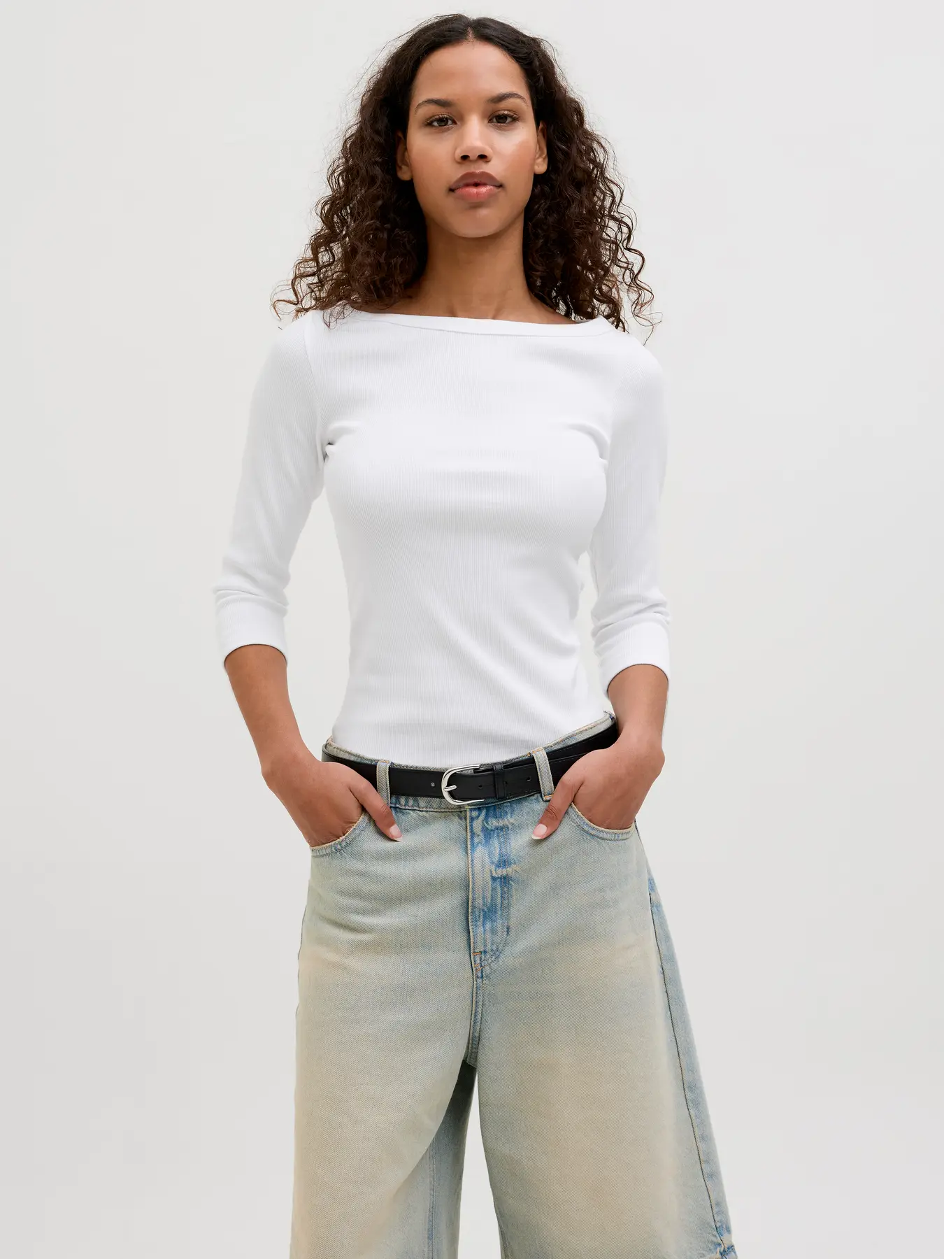 Stretchig Båthals Topp Med 3/4 Ärmar (S Bright White)