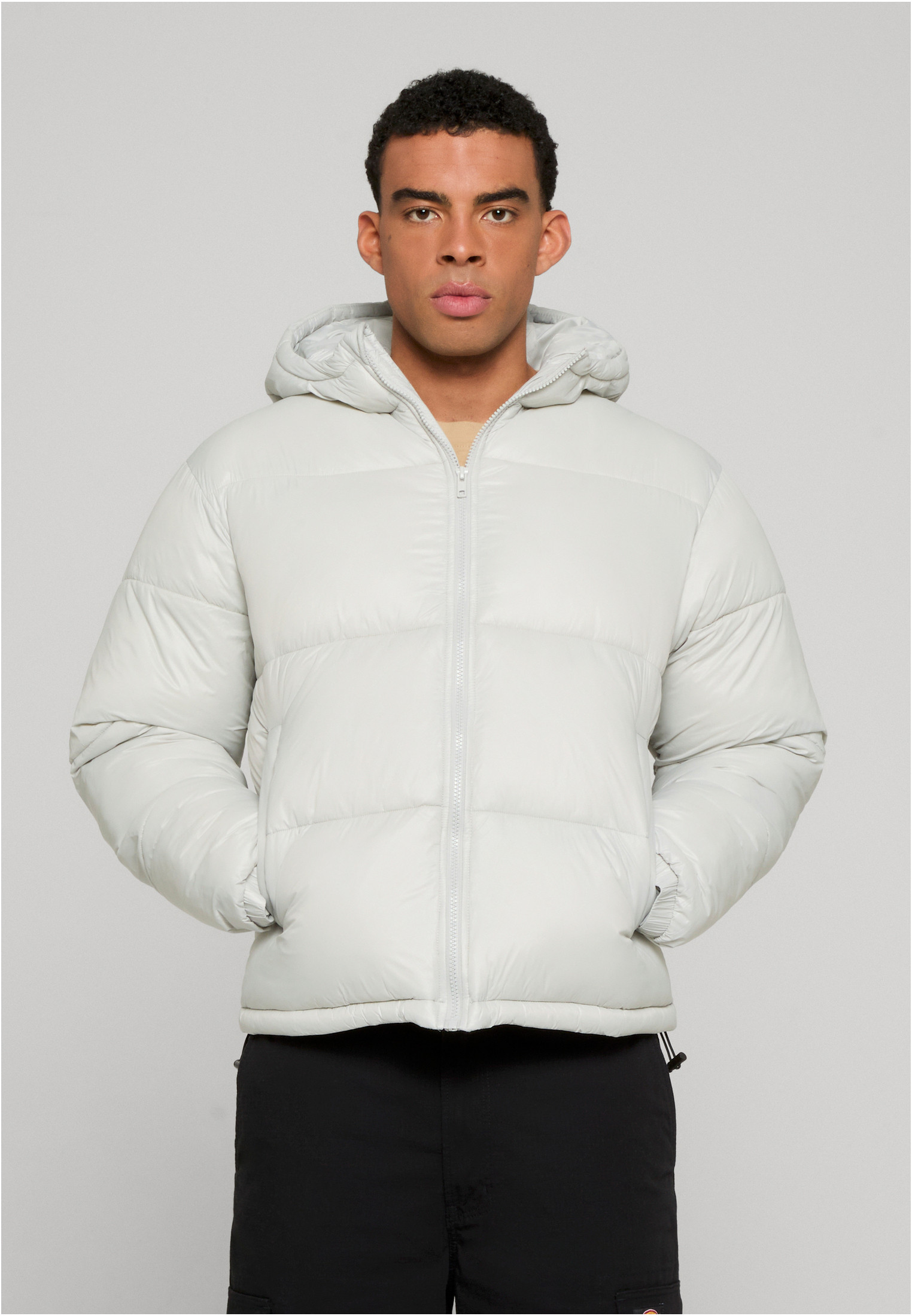 Blank pufferjacka med fodrad huva ljus asfaltgrå (3XL lightasphalt)