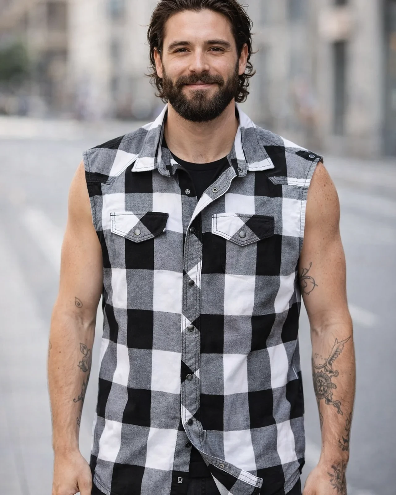 Ärmlös flanellskjorta vit/svart (6XL white/black)