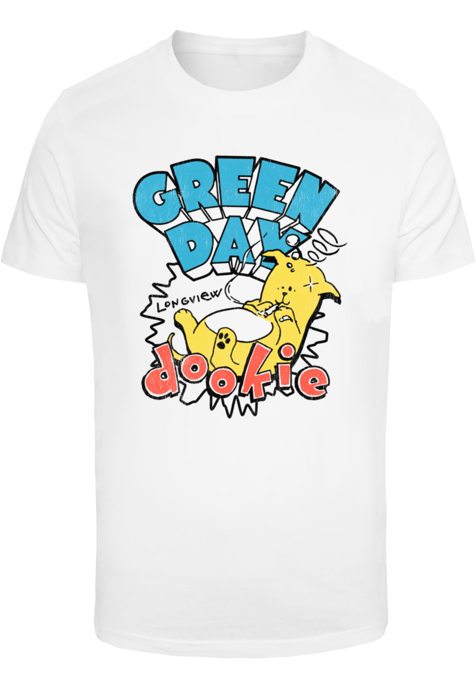 Green Day logotyp, gul hund Green Day Dookie Longview Tee T-shirt – vit (L vit)