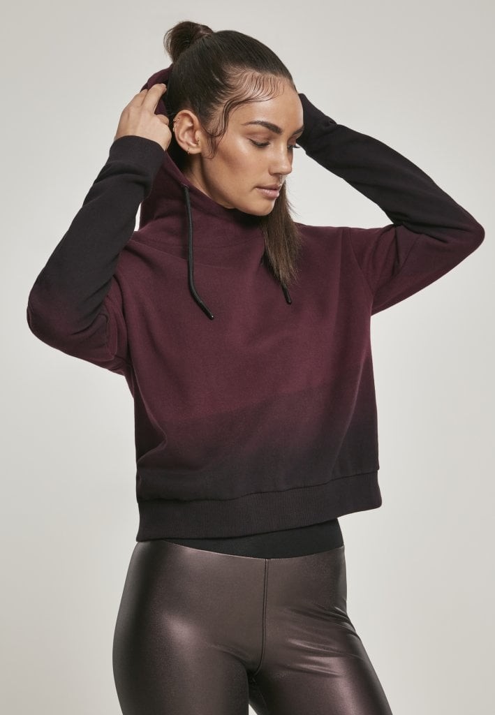 Kort damhoodie med breda muddar (L Vinröd/svart)