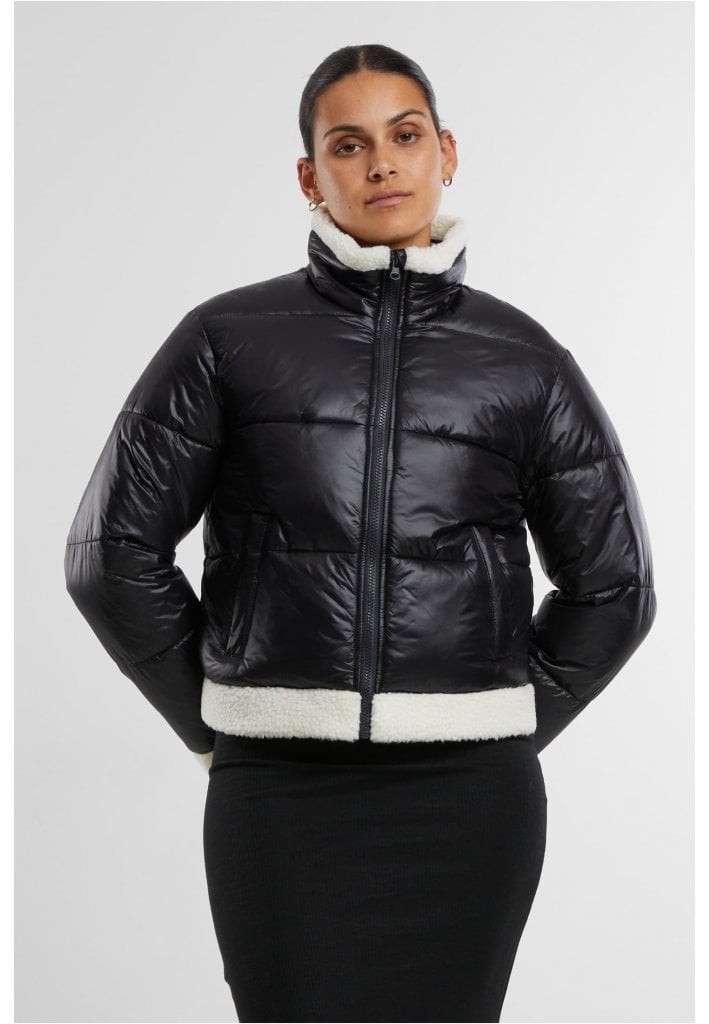 Blank pufferjacka dam med teddyfoder (3XL black/whitesand)