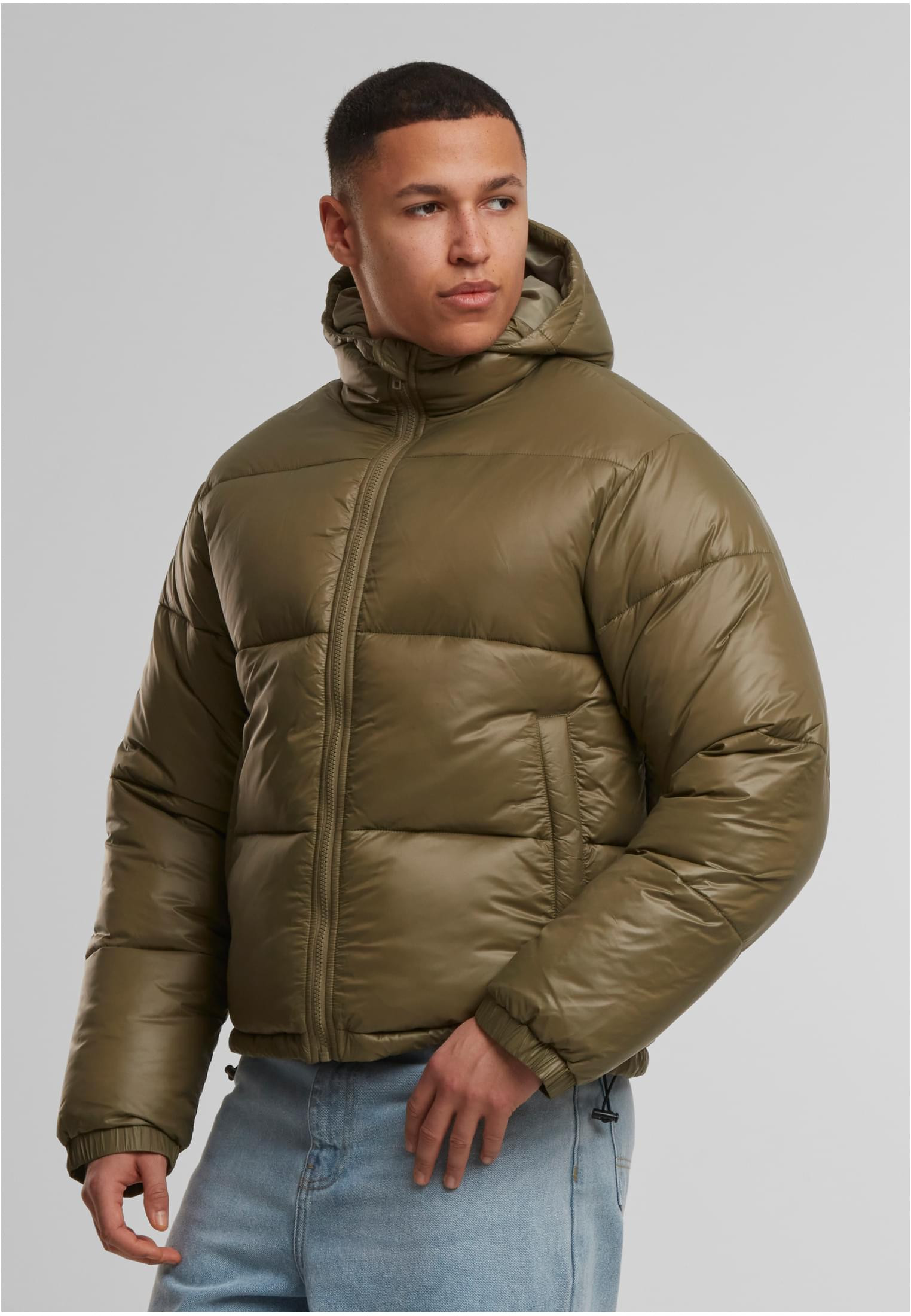 Blank pufferjacka med fodrad huva olivgrön (3XL tiniolive)
