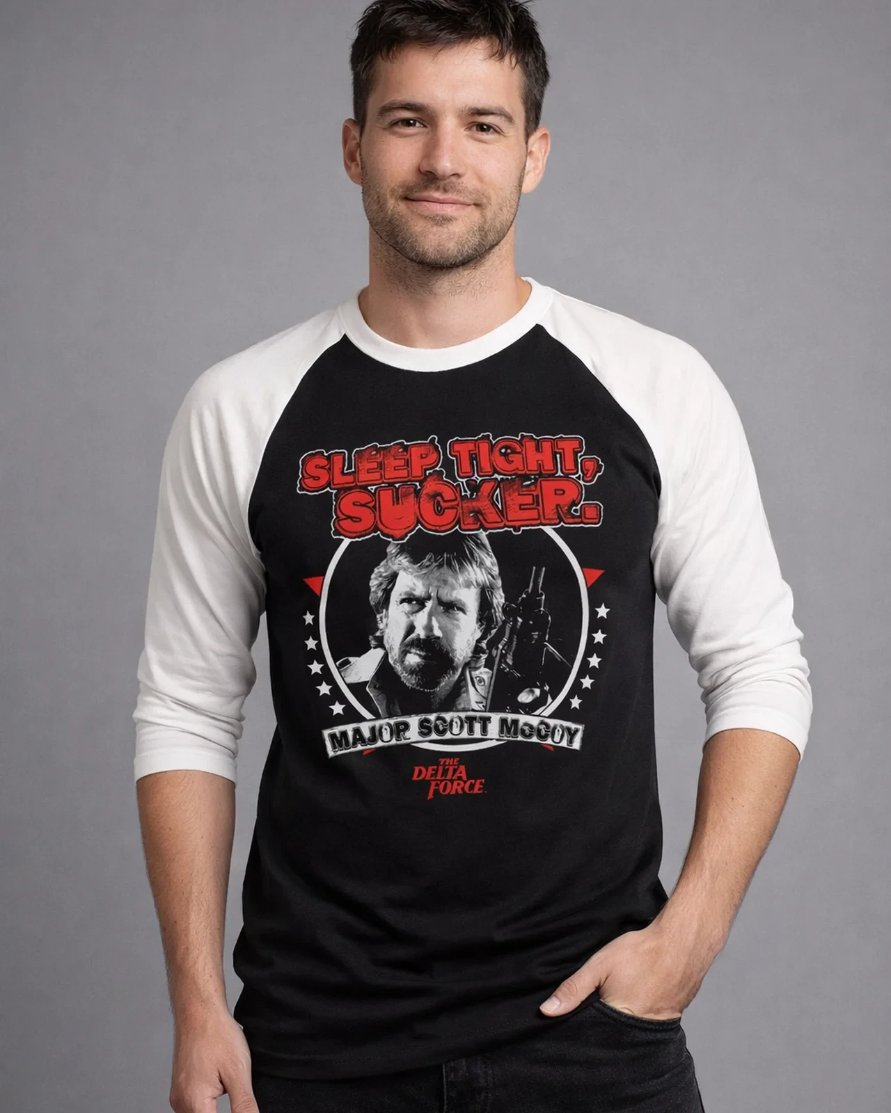 The Delta Force Chuck Norris Sleep Tight, Sucker Baseball 3/4 Sleeve T-shirt – whiteblack (S whiteblack)