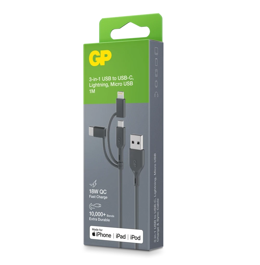 GP Laddkabel USB-A till USB-C + Micro-USB + Lightning 1m 18W