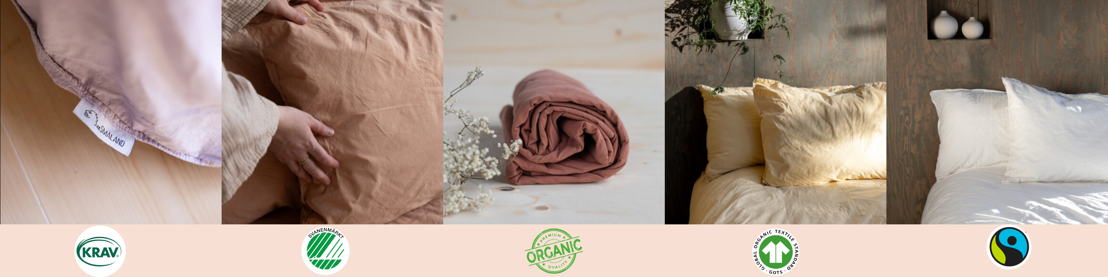 Bäddning med ekologiskt sänglinne i färgen esspresso, terracotta & nude pink. Lakan, örngott, och påslakan.
