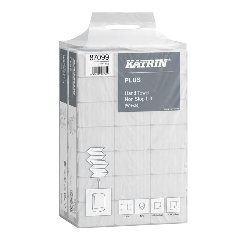 Produktfoto för KATRIN Pappershandduk Plus W-vikt Non Stop L 3-lagers vit