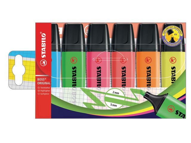 Produktfoto för STABILO Överstrykningspenna BOSS® ORIGINAL olika fluorescerande färger, snedskuren spets, 2 + 5 mm, 6 stycken i en plastförpackning, 70/6