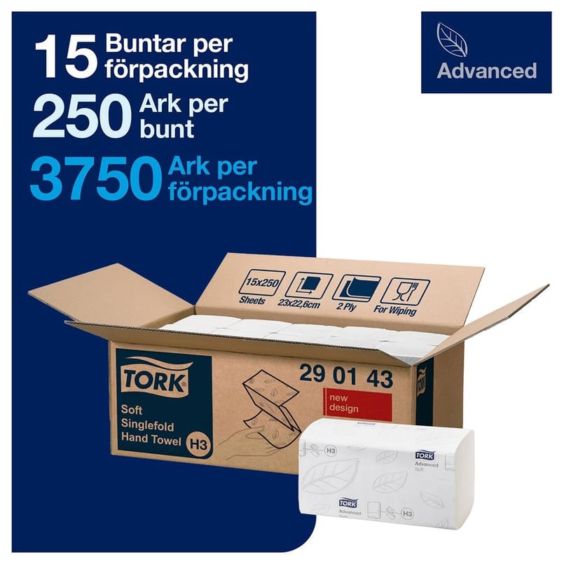 Alternativ bild 1 för Håndklædeark Tork H3 Advanced Singlefold hvid - (15 pakker x 250 ark)
