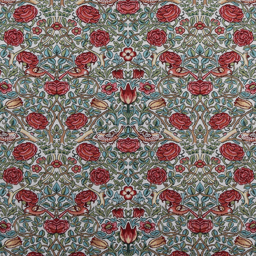 Birds and roses grön-röd Gobelängtyg | nordisktextil.se