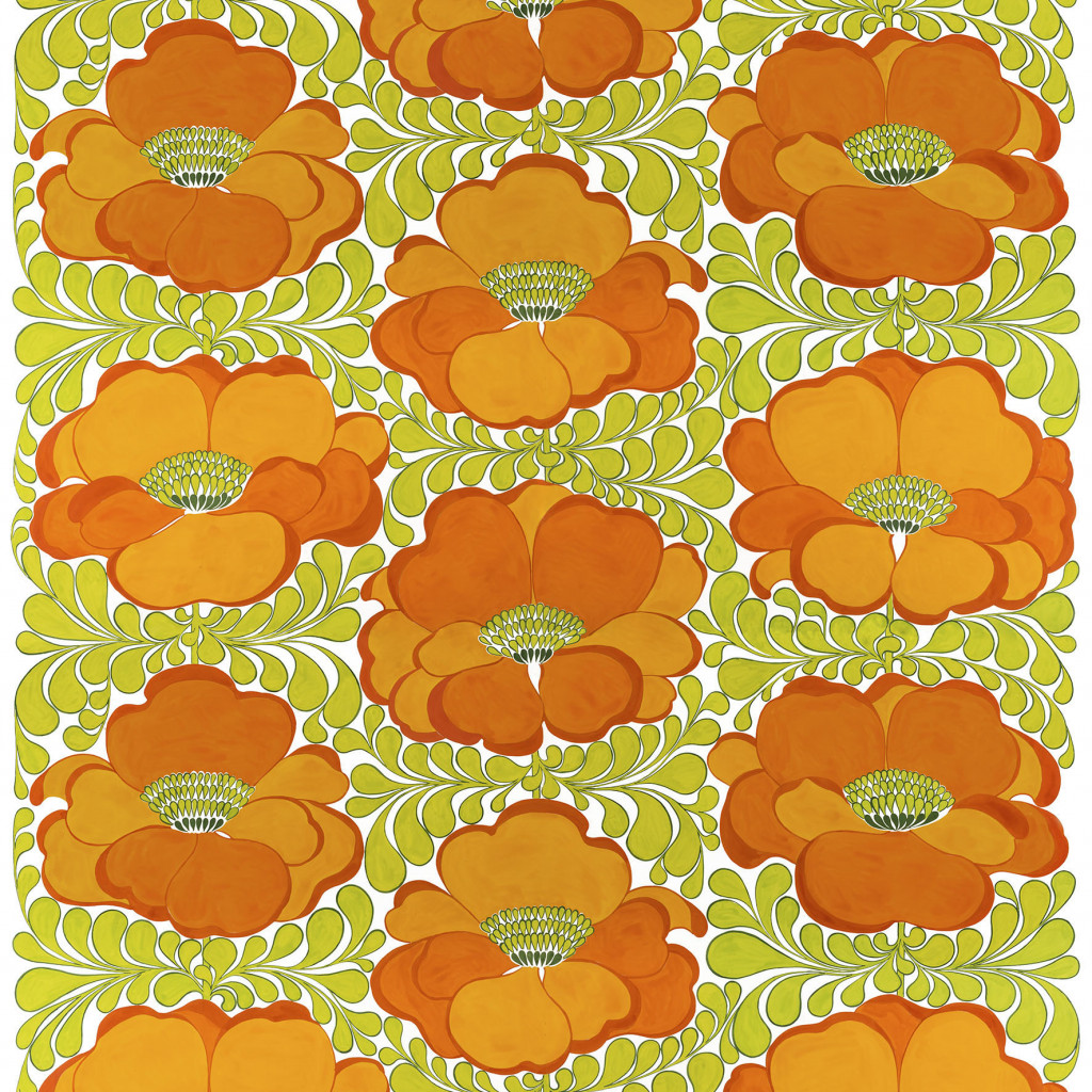 Love grön-orange tyg med stora blommor - nordisktextil.se