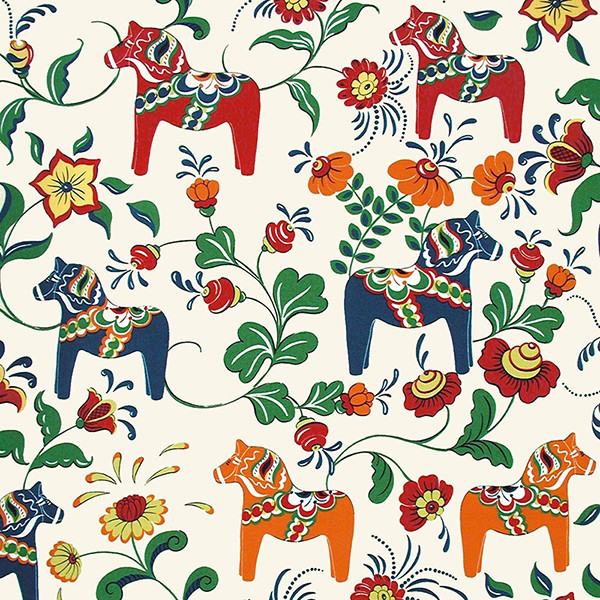 Leksand Natur Tyg med Traditionellt Dalahästtryck