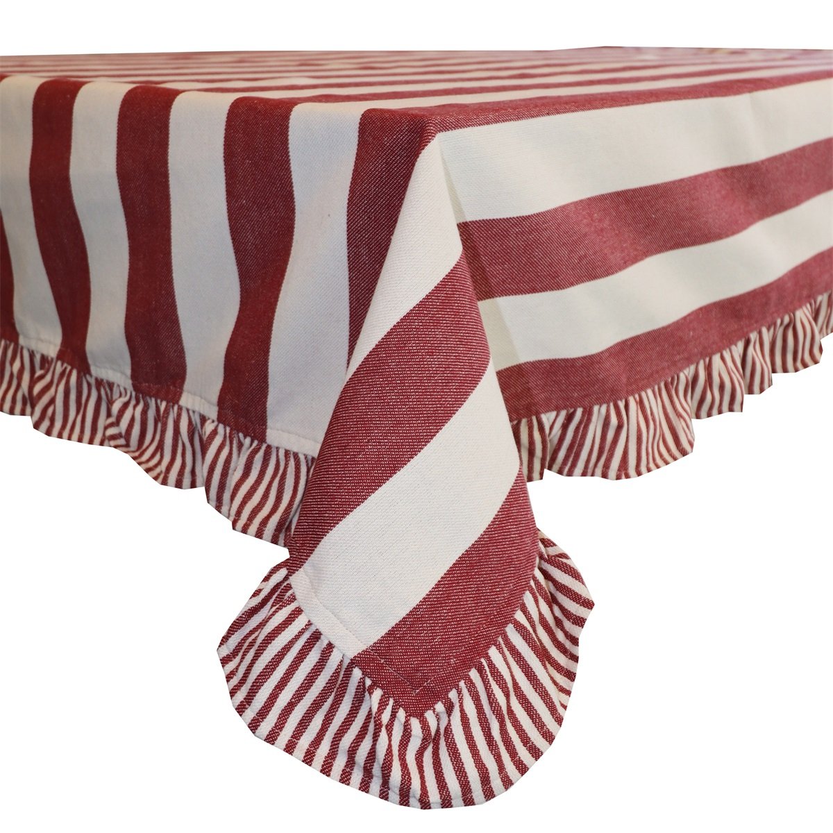 Filippa röd duk 140x250 cm – Randig duk med volang