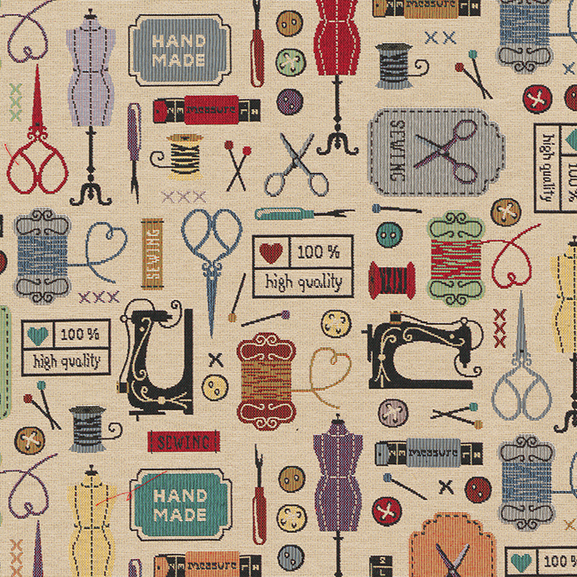 Vintage Sewing Atelier möbeltyg med vintage sybehör och symaskiner