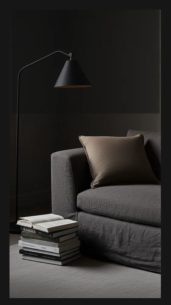 Minimalistisk vardagsrumsmiljö med svart golvlampa, grå linnesoffa och beige kudde, böcker staplade på golvet