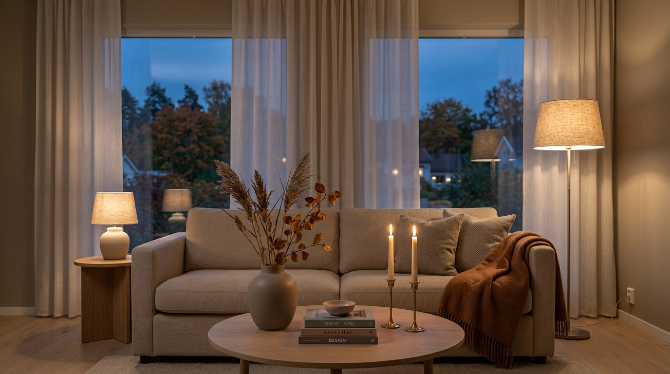 Stilrent skandinaviskt vardagsrum med beige soffa, dekorativa kuddar, runda träbord, keramikvaser och böcker samt modern väggpanel och golvlampa