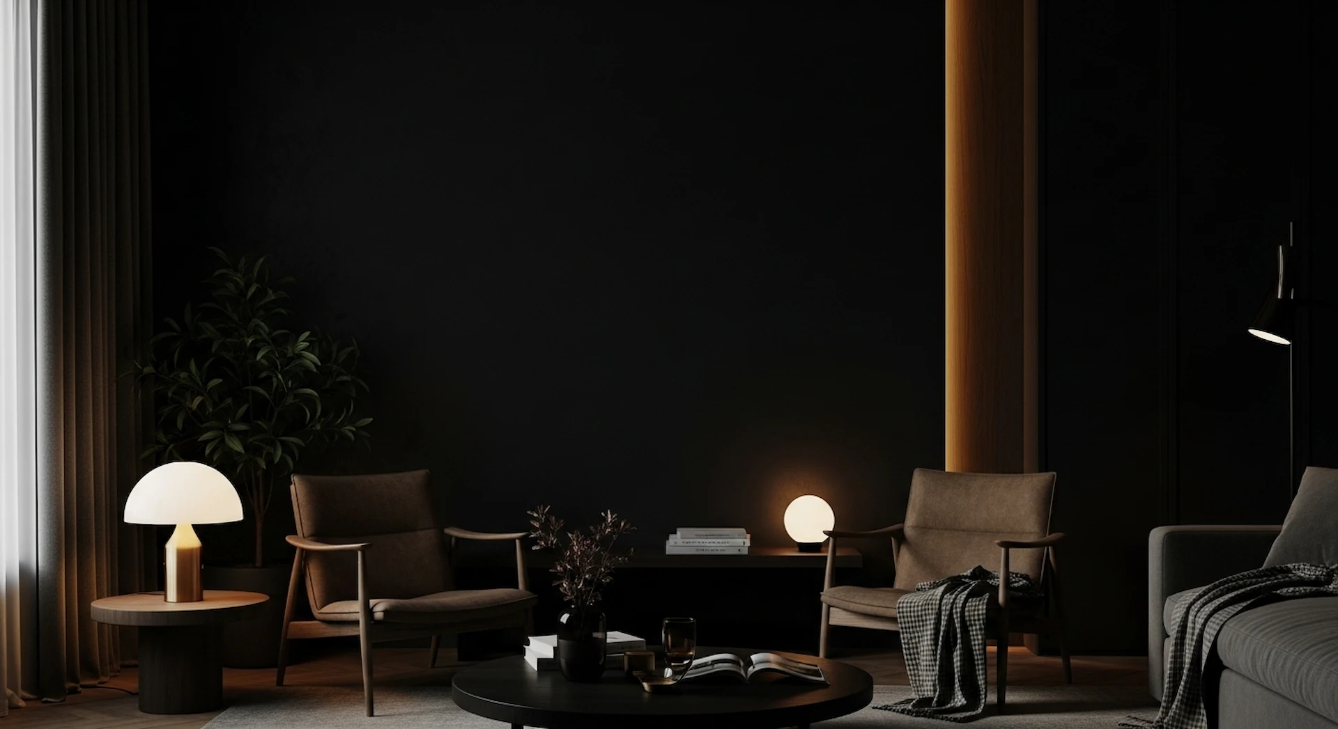 Elegant skandinavisk inredning med designmöbler och belysning i mörkt vardagsrum - Nordic Details Black Week kampanj