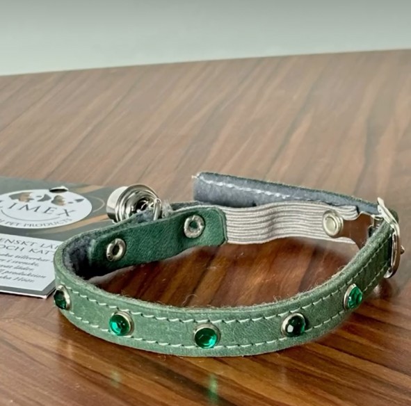 Katthalsband mjukt läder, grön med dekorsten