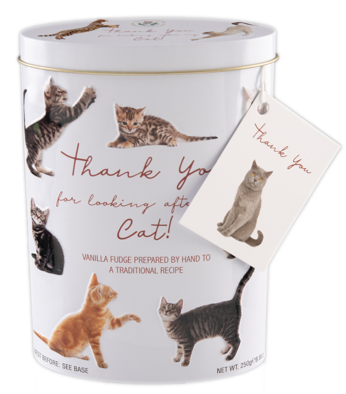 Present till kattvakt, plåtburk med vaniljfudge